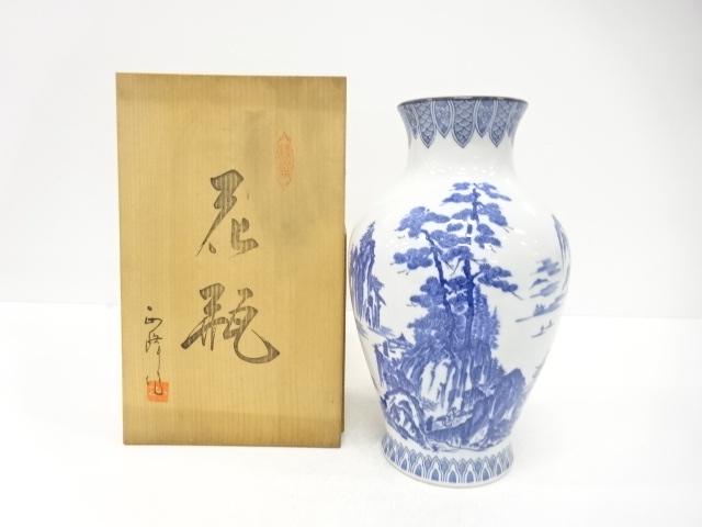 JAPANESE CERAMICS / FLOWER VASE / BLUE & WHITE (PORCELAIN) / SCENERY / ARTISAN WORK